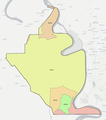 West Baton Rouge County LA ZIP code boundaries map