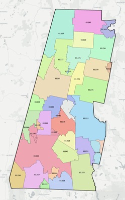 Berkshire County MA ZIP code boundaries map
