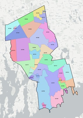 Bristol County MA ZIP code boundaries map