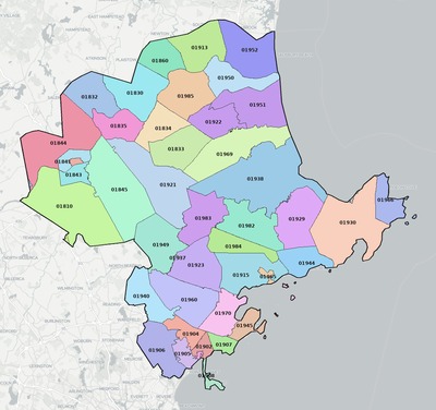 Essex County MA ZIP code boundaries map