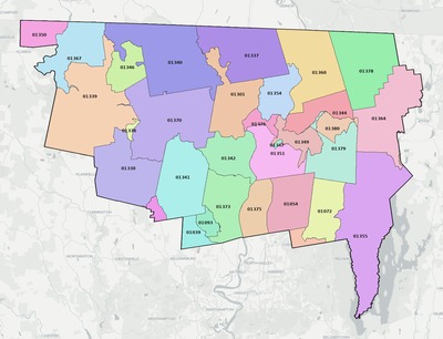 Franklin County MA ZIP code boundaries map