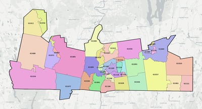 Hampden County MA ZIP code boundaries map
