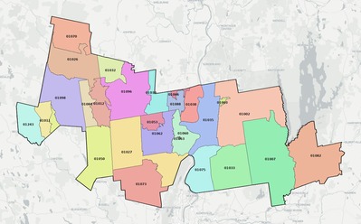 Hampshire County MA ZIP code boundaries map