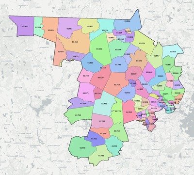 Middlesex County MA ZIP code boundaries map