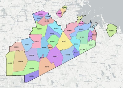 Norfolk County MA ZIP code boundaries map