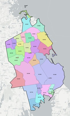 Plymouth County MA ZIP code boundaries map