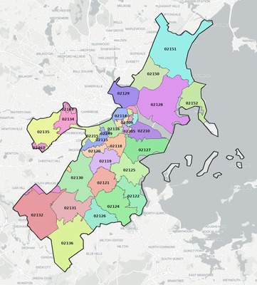 Suffolk County MA ZIP code boundaries map