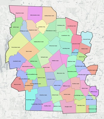 Worcester County MA townships and subdivisions map