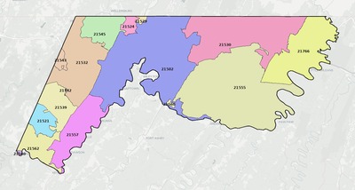 Allegany County MD ZIP code boundaries map