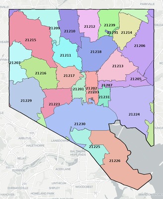 Baltimore County MD ZIP code map preview