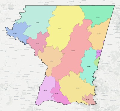 Carroll County MD ZIP code boundaries map