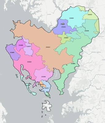 Dorchester County MD ZIP code boundaries map