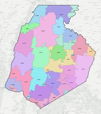 Frederick County MD ZIP code boundaries map