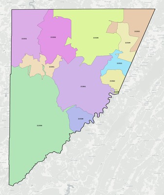 Garrett County MD ZIP code boundaries map