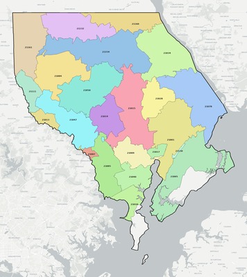 Harford County MD ZIP code boundaries map