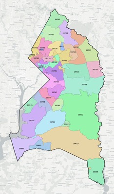 Prince George's County MD ZIP code boundaries map