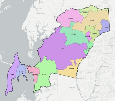 Queen Anne's County MD ZIP code boundaries map