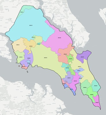 St. Mary's County MD ZIP code boundaries map
