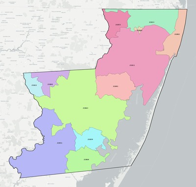 Worcester County MD ZIP code boundaries map
