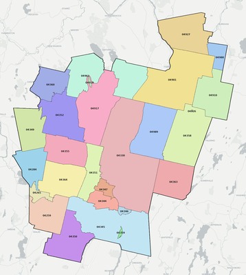 Kennebec County ME ZIP code boundaries map