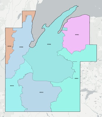 Baraga County MI ZIP code boundaries map