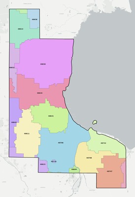 Bay County MI ZIP code boundaries map