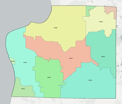 Benzie County MI ZIP code boundaries map
