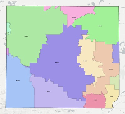 Cass County MI ZIP code boundaries map