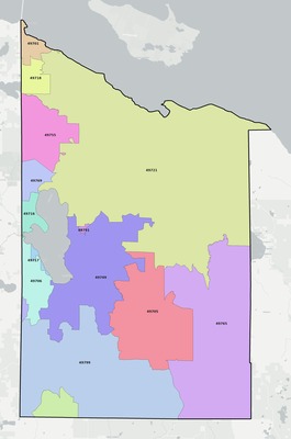 Cheboygan County MI ZIP code boundaries map