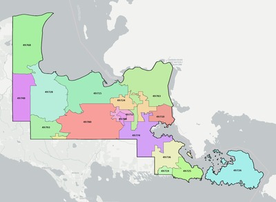 Chippewa County MI ZIP code boundaries map