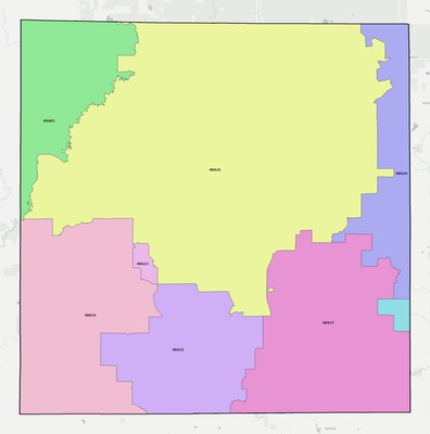Clare County MI ZIP code boundaries map