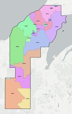 Houghton County MI ZIP code boundaries map
