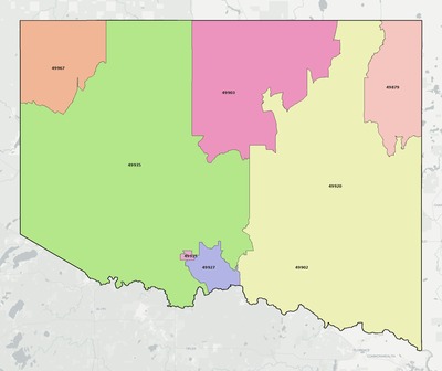 Iron County MI ZIP code boundaries map