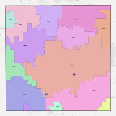 Isabella County MI ZIP code boundaries map