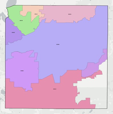 Kalkaska County MI ZIP code boundaries map