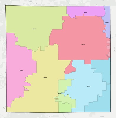 Lake County MI ZIP code boundaries map