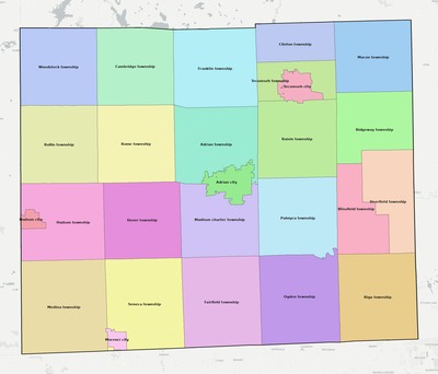 Lenawee County MI townships and subdivisions map