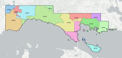 Mackinac County MI ZIP code boundaries map