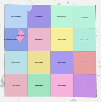 Mecosta County MI townships and subdivisions map