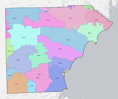 Monroe County MI ZIP code boundaries map