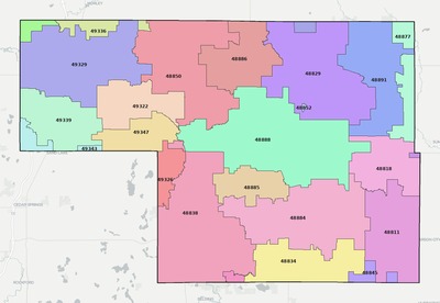 Montcalm County MI ZIP code boundaries map