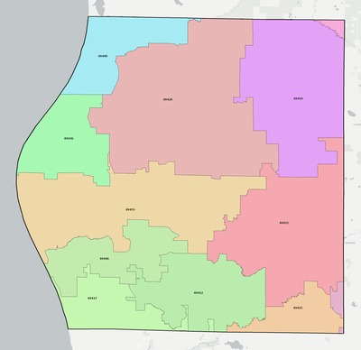 Oceana County MI ZIP code boundaries map
