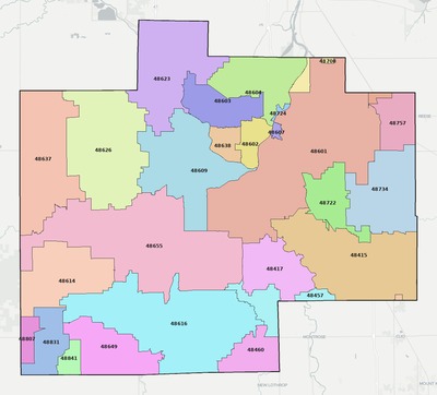 Saginaw County MI ZIP code boundaries map