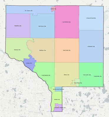 Anoka County MN townships and subdivisions map