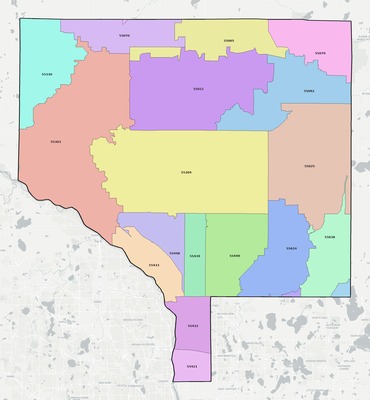 Anoka County MN ZIP code boundaries map