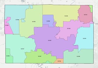 Carlton County MN ZIP code boundaries map