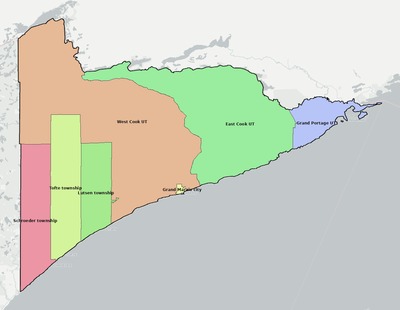 Cook County MN townships and subdivisions map