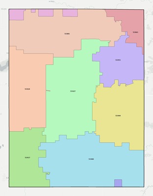 Dodge County MN ZIP code boundaries map