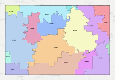 Fillmore County MN ZIP code boundaries map