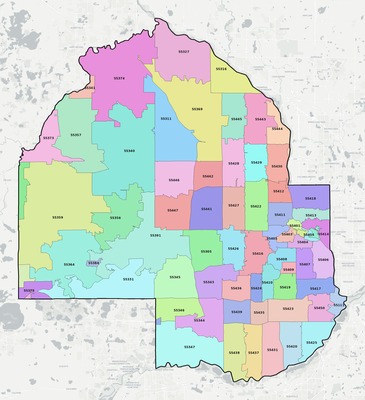 Hennepin County MN ZIP code boundaries map